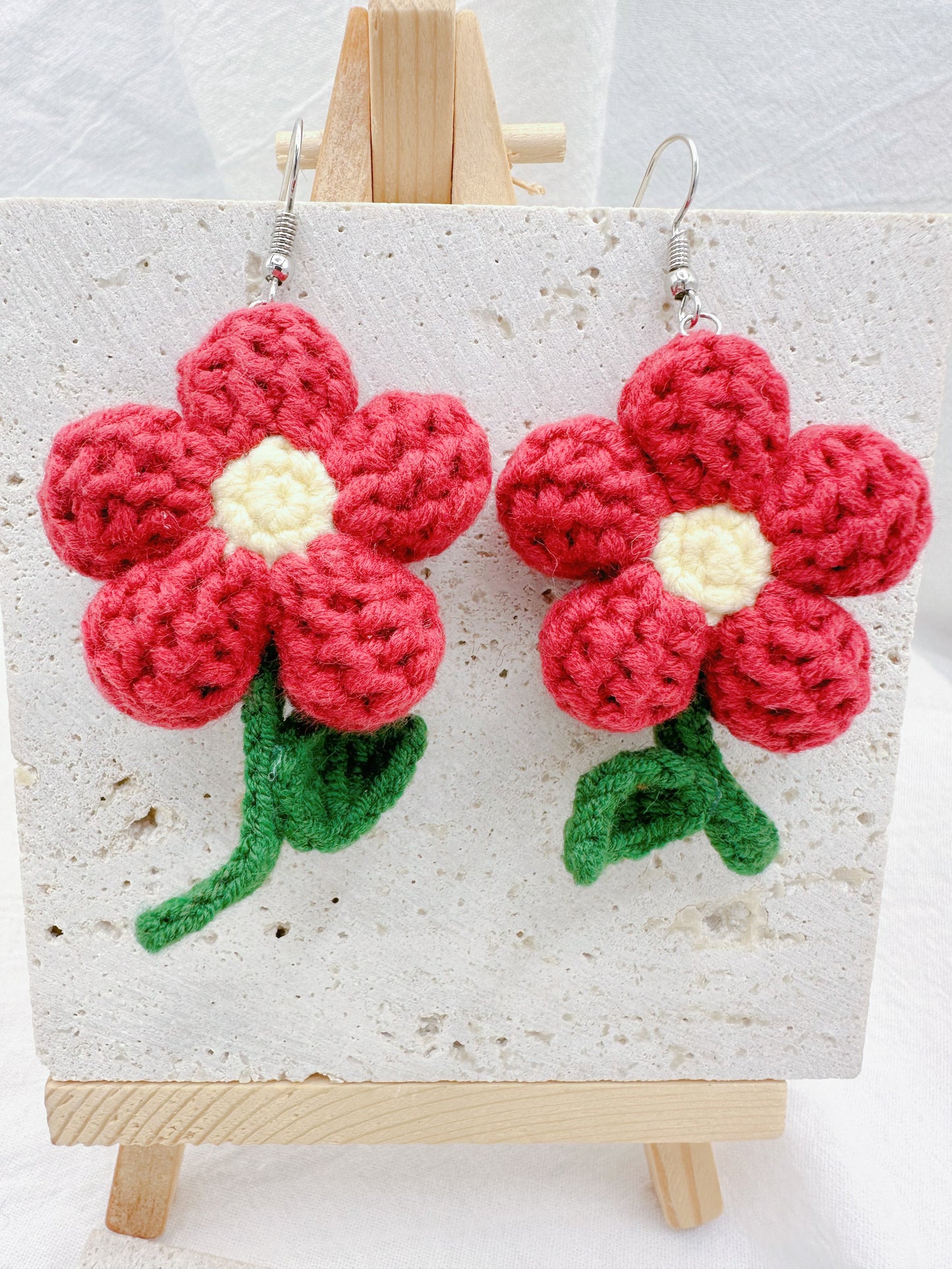 Emma Original Crocheted Red Flower Drop Earrings